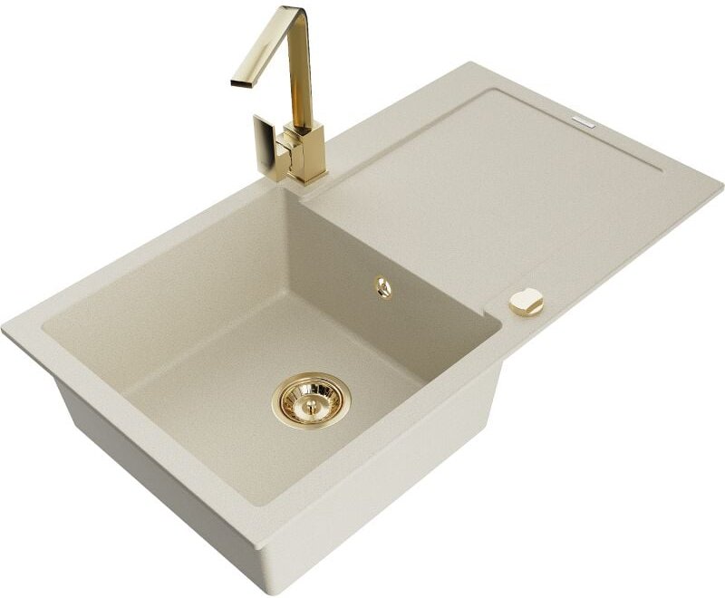 Mexen Leo 1 Becken-Granitspüle mit Abtropffläche und Mischbatterie Rita, Beige - 6501-69-670300-50
