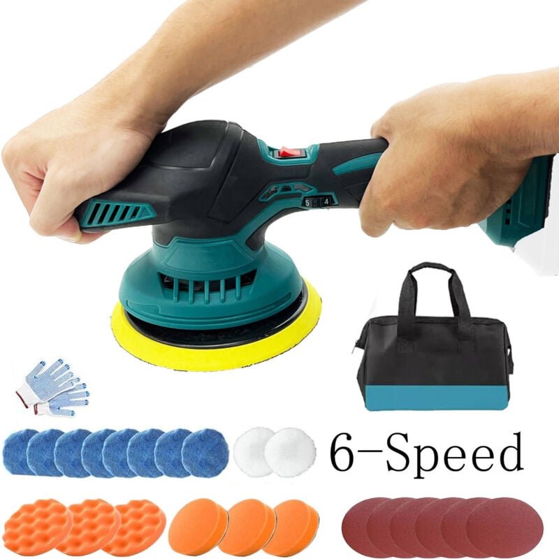 Polierer, 6-Zoll-Akku-Autoschleifer, elektrische Poliermaschine mit 6 Geschwindigkeiten und 18 Pad-Aufsatz, nur Gehäuse,...