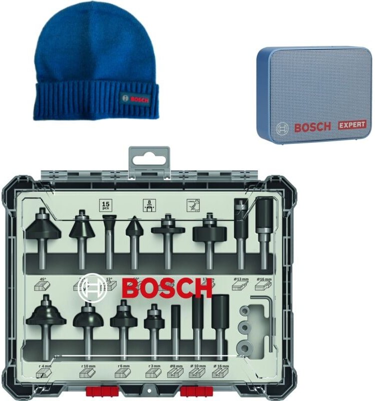 Bosch Fräser Set Mixed 15 teilig 8mm Schaft für Oberfräsen 2607017472 & jbl GO2 Lautsprecher, Beanie