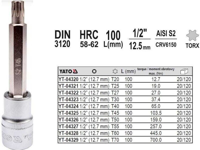 YATO TORX-SCHLÜSSEL 1/2" T30x100mm