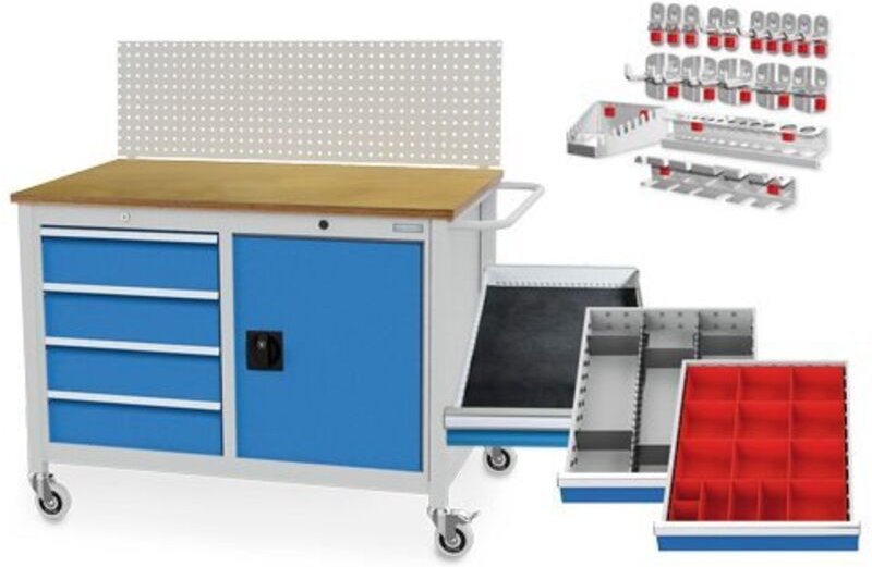 Mobile Werkbank Tiefe 736 mm, r 18-24, inkl. Lochplatte, Einteilung, Haken Maße in mm (BxTxH): 1250 x 750 x 1385