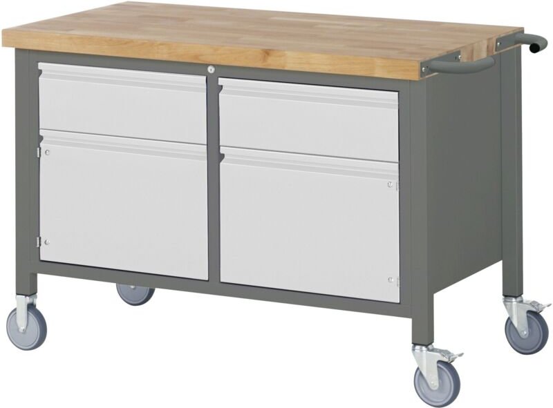Fahrbare Werkbank Premium, 2 Schubladen und 2 Türen, 125x70x88cm, Stahl & Buche, Montagewerkbank - Stier