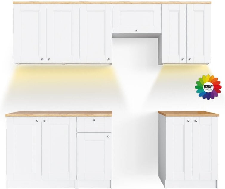 Vicco - Küchenzeile Bergamo, Weiß, 240 cm , ap Goldkraft mit LED-Leisten