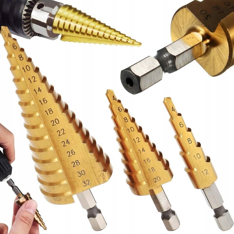 Thumbnail - Satz mit 3 Stück STUFENBOHRER MIT KEGELFORM Für Metall Holz HEX
