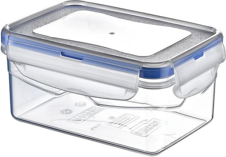 Transparent plastic container with tight fitting lid and clips