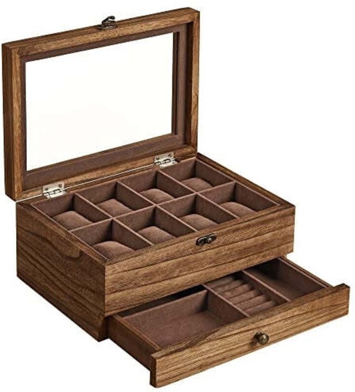 2 stockige uhrenbox mit glasdeckel und geteilter aufbewahrung
