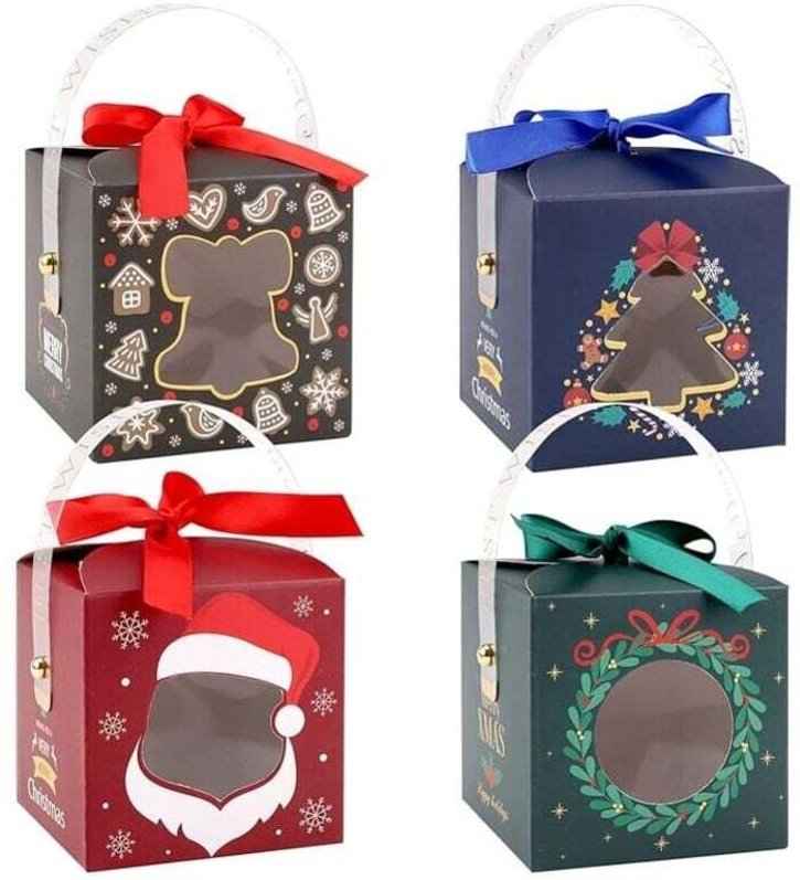 24 Stück Weihnachtspapierboxen mit transparentem Griff und Fenster, Weihnachtsbonbonbox, Keksbox, Geschenkboxen mit Band...