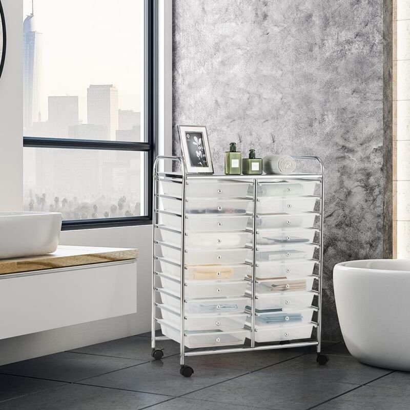 COSTWAY Rollwagen mit Schubladen Rollcontainer Badrollwagen Badtrolley Badregal mit 20 stapelbaren Schubladen Metallgest...