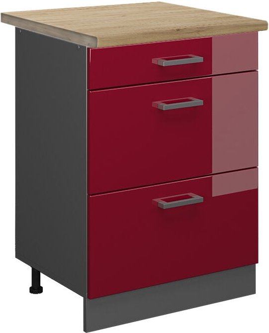 Vicco - Küchenunterschrank R-Line, Bordeaux Hochglanz, 60 cm mit Schubladen, ap Eiche