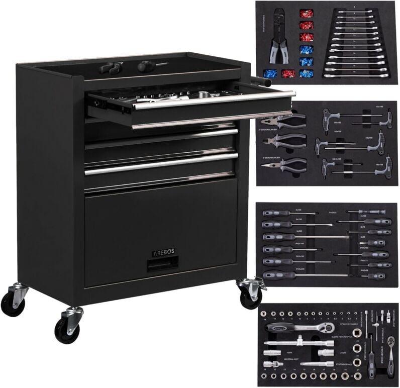 Arebos - Werkstattwagen Schwarz 4 Schubladen 81 teiliges Werkzeug großes Fach Antirutschmatten kugelgelagerte Schubladen...