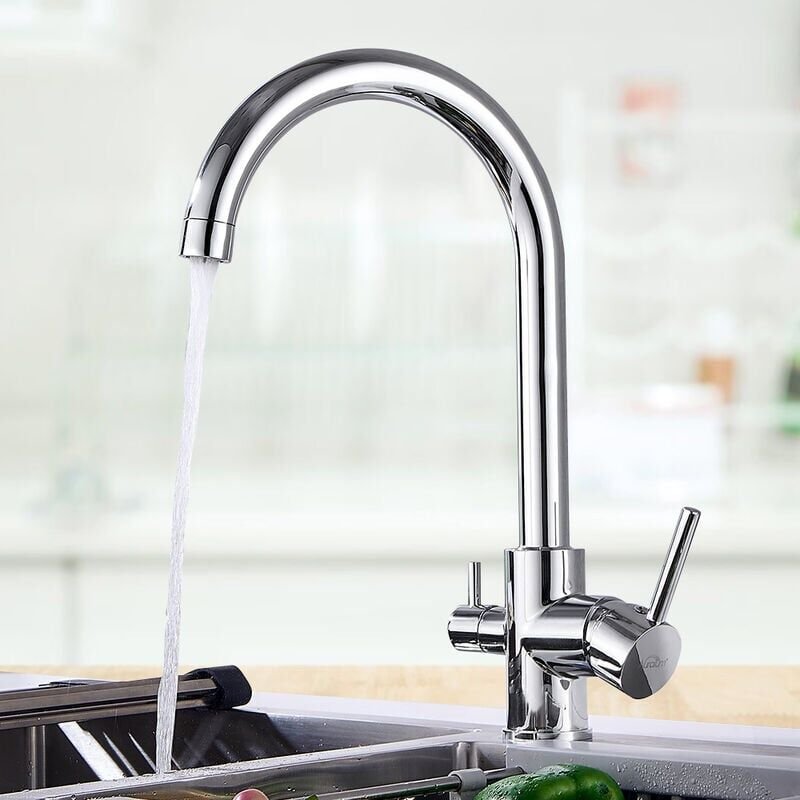 Thumbnail - 3 Wege Wasserhahn Küche, 360°drehbar Küchenarmatur Spültischarmatur für Wasserfilter, Trinkwasserhahn mit 2 Hebel, Chrom...