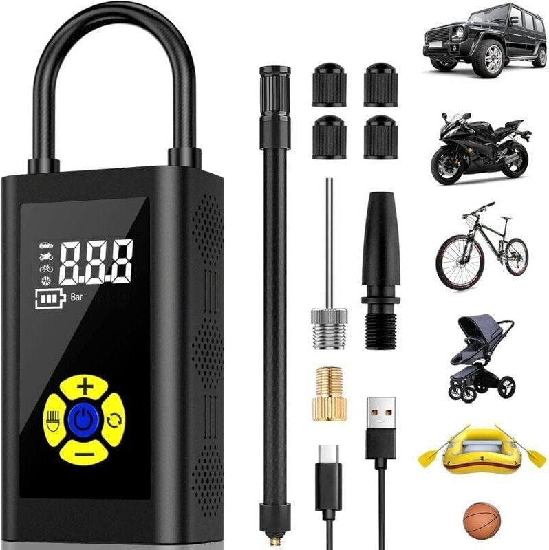 Tragbarer Luftkompressor, Version Gonfleur Pneus Voiture Pompe a Velo Mini-Autokompressor mit LCD-Anzeige, 150 psi, Typ-...