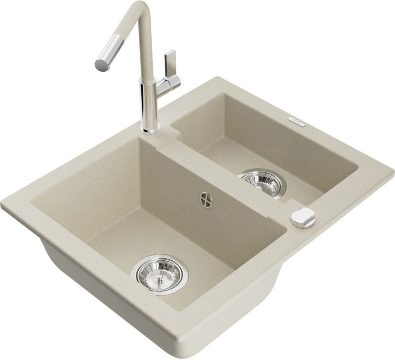 Carlos 1,5-Becken-Granitspüle mit Mischbatterie Flora, Beige - 6518-69-670401-09 - Mexen
