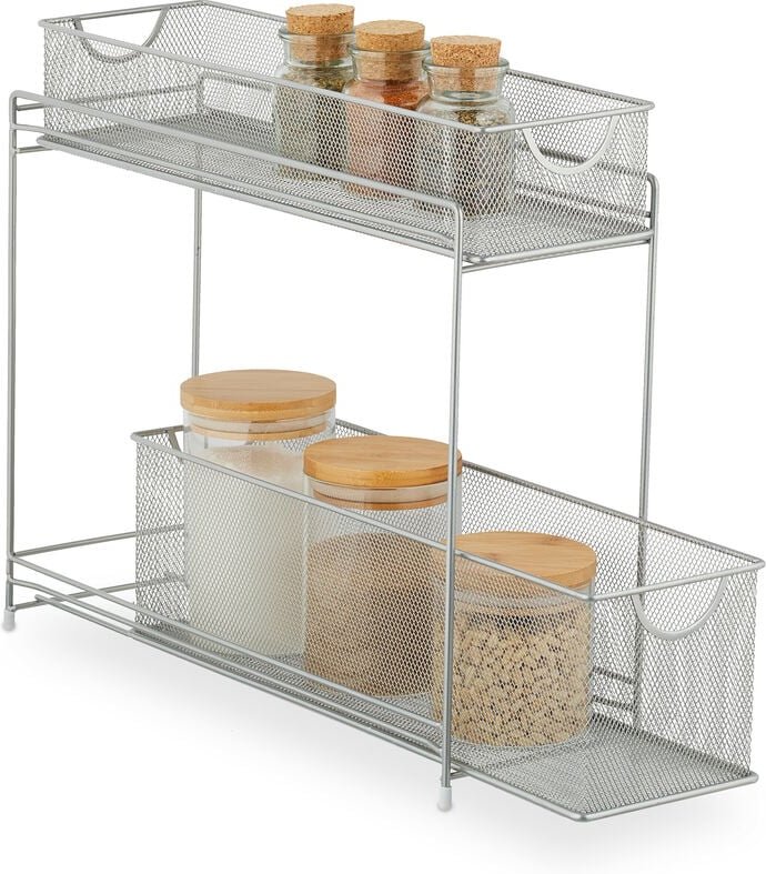 Thumbnail - Küchenschrank Organizer, ausziehbares Unterschrank Regal, 2 Schubladen, Metall, hbt: 40 x 15 x 46 cm, silber - Relaxdays