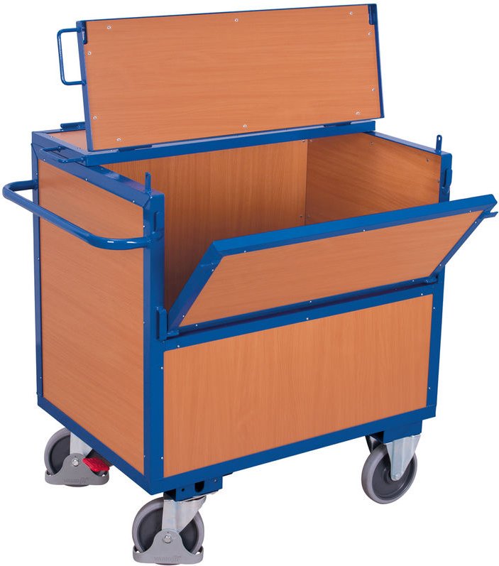 VARIOfit Holzkastenwagen fest verschweißt mit Deckel und halb abklappbarer Längswand 970x670mm