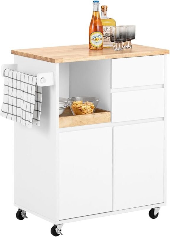 FKW123-WN Küchenwagen mit Arbeitsplatte Servierwagen mit Rollen Rollwagen Küche Kücheninsel Küchenschrank Weiß bht ca. 7...