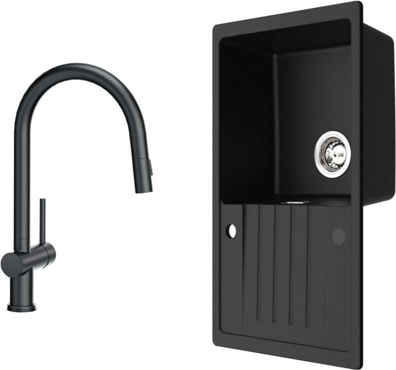 Cecipa Max - Küchenspüle 78x45cm Granitspüle Anthrazitschwarz Mit Abtropffläche + Ausziehbarer Küchenarmatur Schwarz Mit...