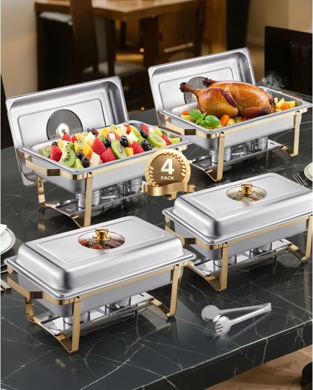 Thumbnail - Chafing Dish Set Speisenwärmer Edelstahl mit 4 Behältern in voller Größe (7,5 l pro), rechteckiger Wärmespender mit sich...