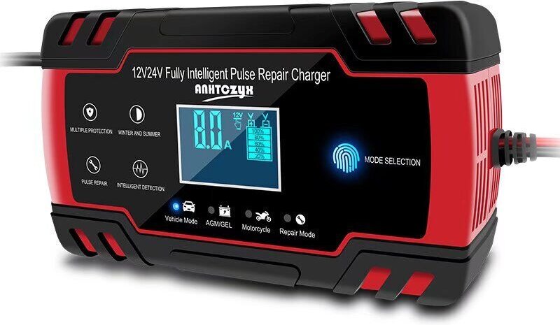Autobatterieladegerät, 8A 12V/24V Autobatterieladegerät, Vollautomatisches Autobatterieladegerät mit LCD-Display Batteri...