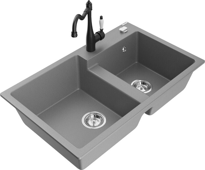 Tomas 2-Becken-Granitspüle mit Mischbatterie Carla, Grau - 6516-71-670700-70 - Mexen
