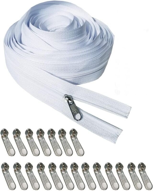 10 m Endlosreißverschluss mit Zipper - langer Nylon-Reißverschluss mit 20 weißen Ziehern, ideal für Bettwäsche, Kleidung...