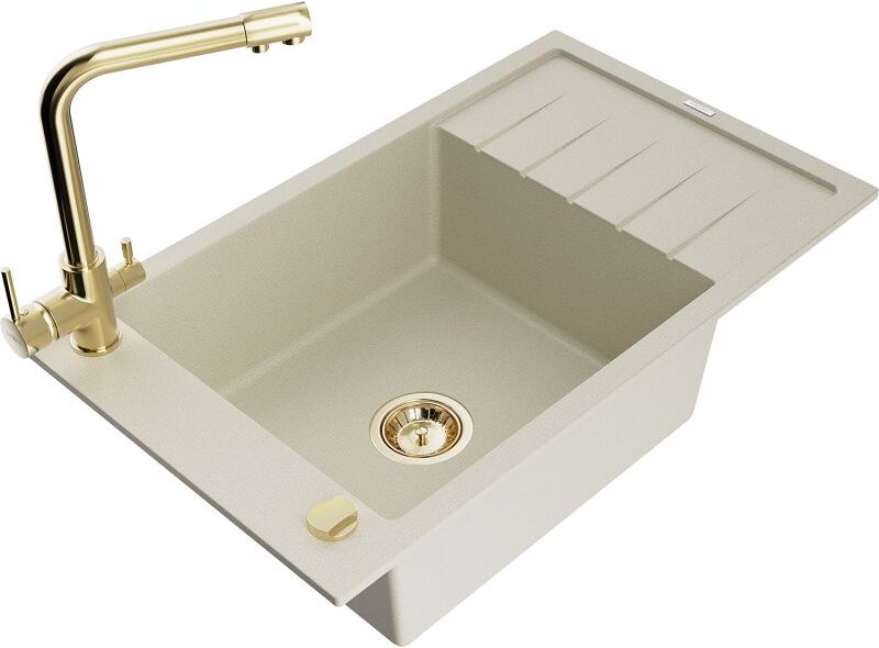 Elias 1 Becken-Granitspüle mit Abtropffl√§che und Mischbatterie Duero, Beige - 6511-69-671600-50 - Mexen