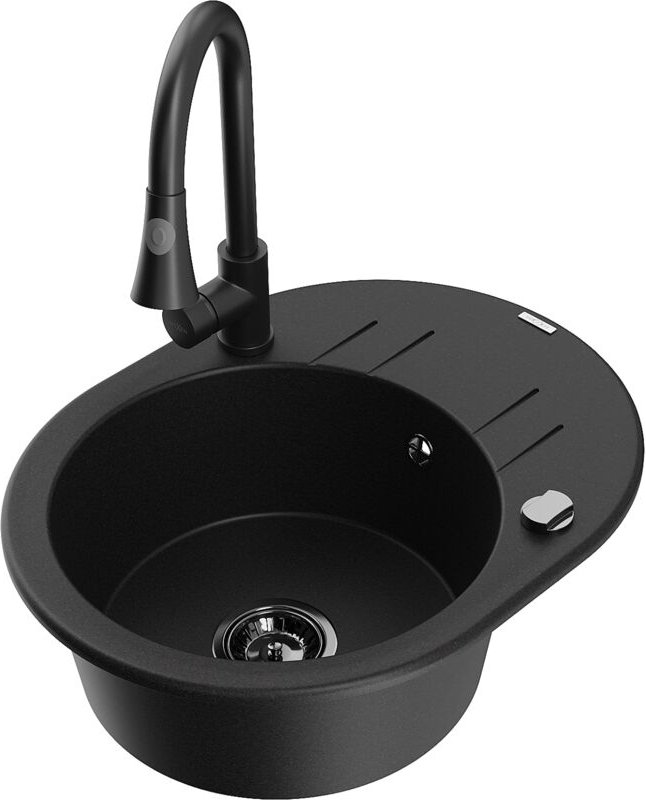 Kevin 1 Becken-Granitspüle mit Abtropffläche und Mischbatterie Elia, Schwarz - 6517-77-670101- - Mexen