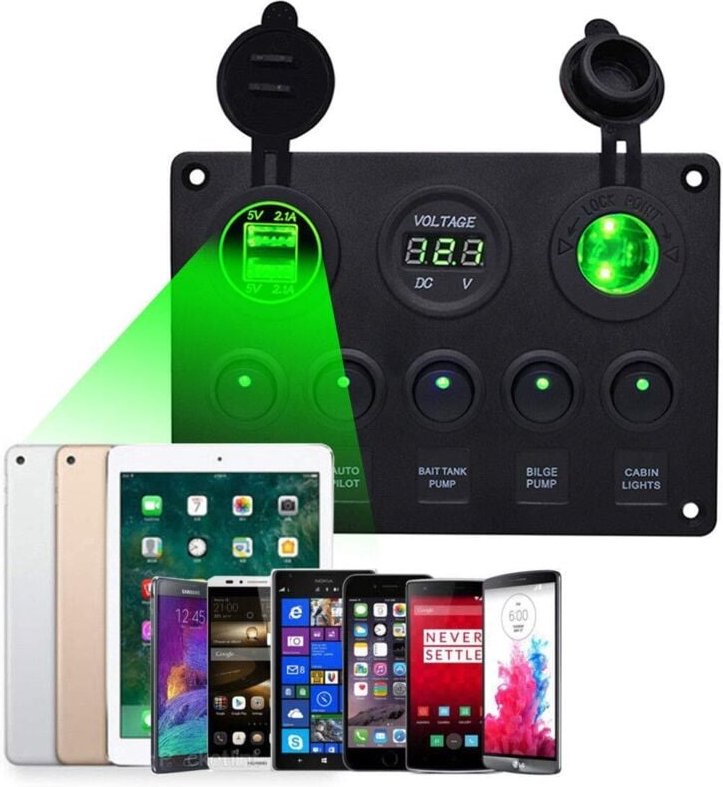 Multifunktionspanel - 5-Gang-Ein/Aus-Wippschalterpanel, Dual-USB-Ladebuchse 2,1 A und 2,1 A++, LED-Zigarettenanzünder-Vo...