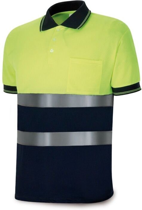 Fluoreszierendes gelb/marineblaues Poloshirt mit hoher Sichtbarkeit, kurze Ärmel, Größe s