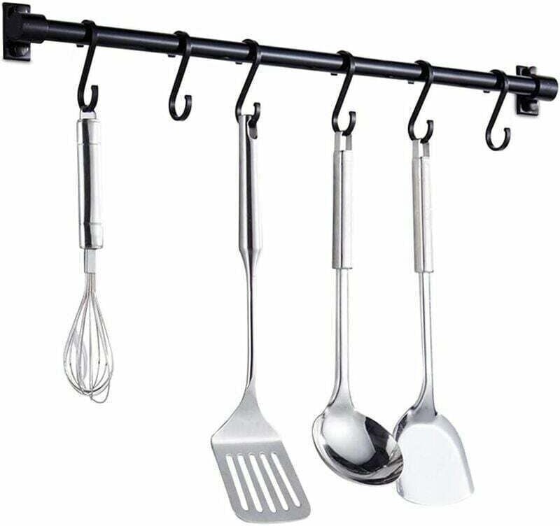 Wandleiste für Küchenutensilien, 40 cm, Küchenregal mit 6 abnehmbaren Haken, Wandregal für Küchenutensilien (schwarz)