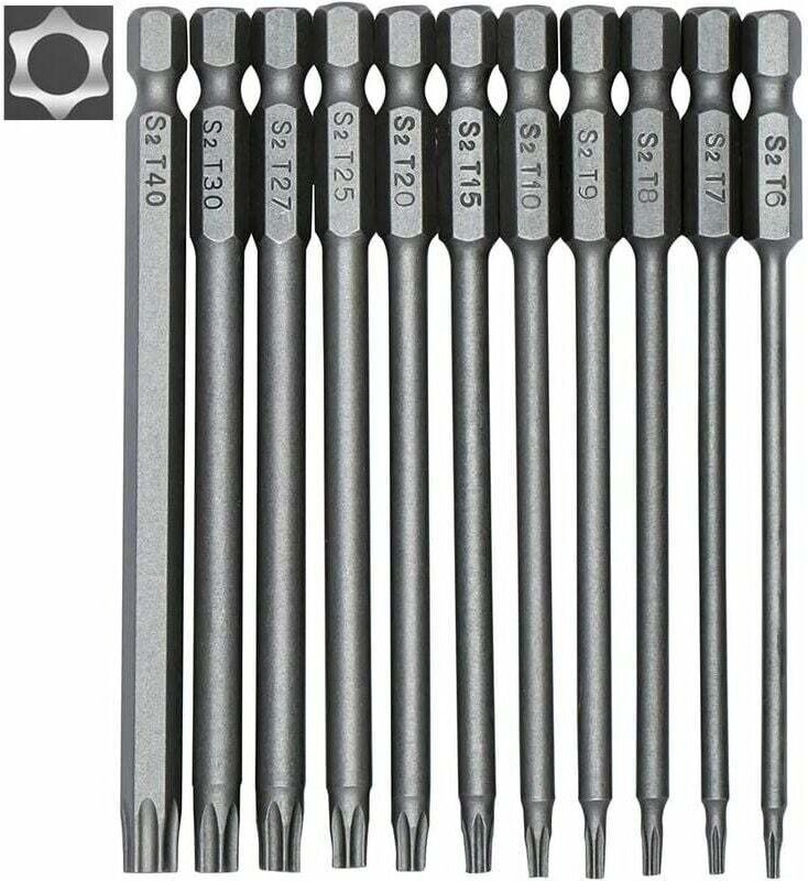 11-teiliges langes Torx-Schraubendreher-Bit-Set – magnetische Bits – 1/4-Zoll-Sechskantschaft – Größen T6 bis T40 – 100 ...