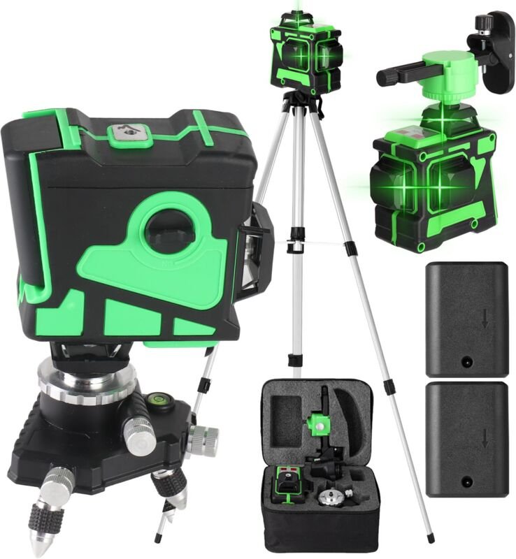 3x360° Grüner Laser, 3D 12 Linien Rotierender Selbstnivellierender Laser mit 2 Akkus, Höhenverstellbares Verlängerungsst...