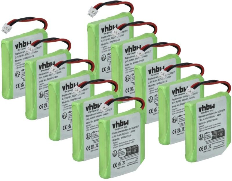 Vhbw - 10x Akku kompatibel mit VTech VT2020, VT1100 schnurlos Festnetz Telefon (600 mAh, 2,4 v, NiMH)