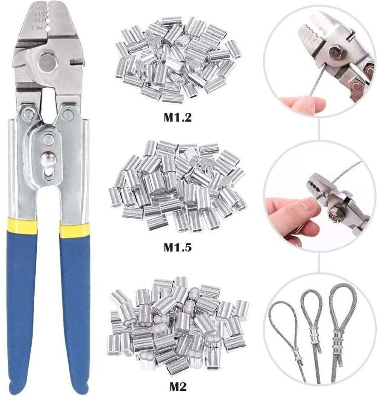 Odipie - Crimpzange für Drahtseile bis 2,2 mm mit 150 Aluminium-Doppelcrimphülsen in 3 Größen