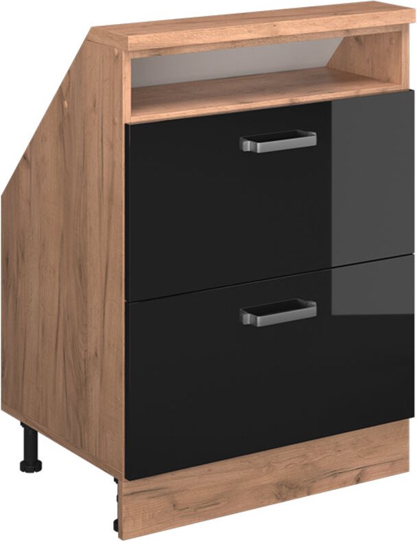 Dachschrägenschrank Rion, Schwarz Hochglanz/Goldkraft Eiche, mit 2 Schubladen, Vicco