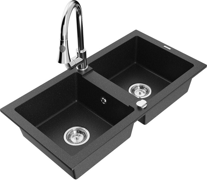 Mario 2-Becken-Granitspüle mit Mischbatterie Elia, Schwarz/Silbermetallic - 6504-73-670101-00 - Mexen