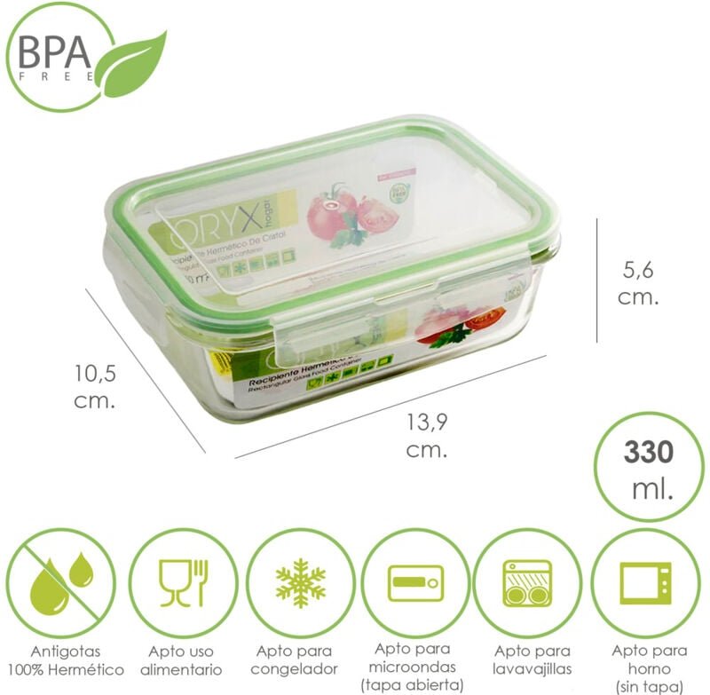 Rechteckiger hermetischer Glasbehälter 330 ml. 13,9 x 10,5 x 5,6 (h) cm.