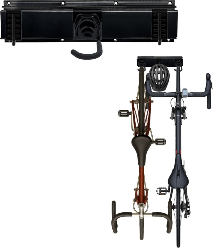 Relaxdays Fahrrad Wandhalterung, 4 Fahrräder & Helme, hochkant, Schienen mit verstellbaren Haken, Fahrradhalter, schwarz