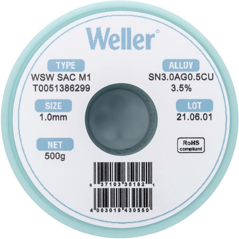 Weller - wsw sac M1 Lötzinn, bleifrei Spule Sn3,0Ag0,5Cu 500 g 1 mm