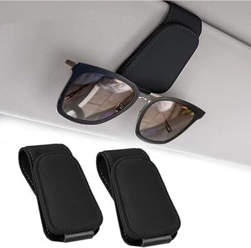 Thumbnail - Ahlsen - 2er-Set magnetischer Auto-Brillenhalter aus Leder für Auto-Visier, Auto-Brillenhalter, Ticket-Karten-Clip (schw...
