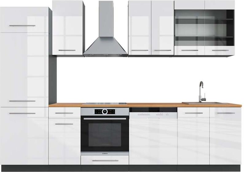 Thumbnail - Vicco - Küchenzeile Fame-Line, Weiß Hochglanz/Anthrazit, 300 cm , ap Eiche