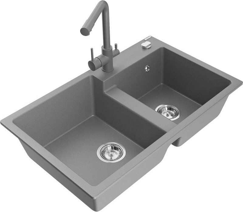 Tomas 2-Becken-Granitspüle mit Mischbatterie Duero, Grau - 6516-71-671600-71 - Mexen