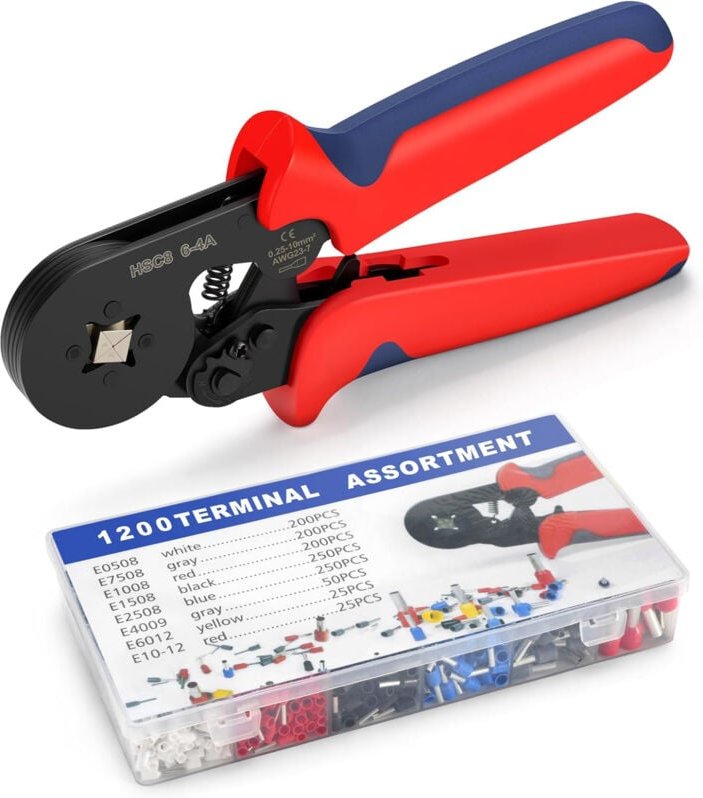 Crimpzange, Crimpzangen-Set, AWG23–7/0,25–10 mm², mit 1200 isolierten elektrischen Crimpkabelschuhen, Crimpverbindern, p...