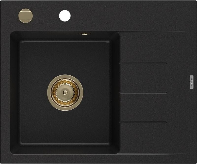 Ben Granitspüle 1-Becken mit linker Abtropffl√§che 600 x 500 mm, schwarz, goldener Siphon - 6522605000-77-G - Mexen
