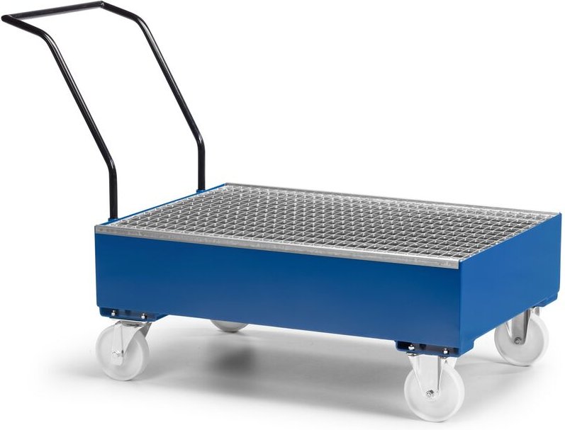 RR Industrietechnik Fahrbare Auffangwanne aus Stahl für 2x 200 Liter Fass mit Gitterrost RAL 5010 enzianblau