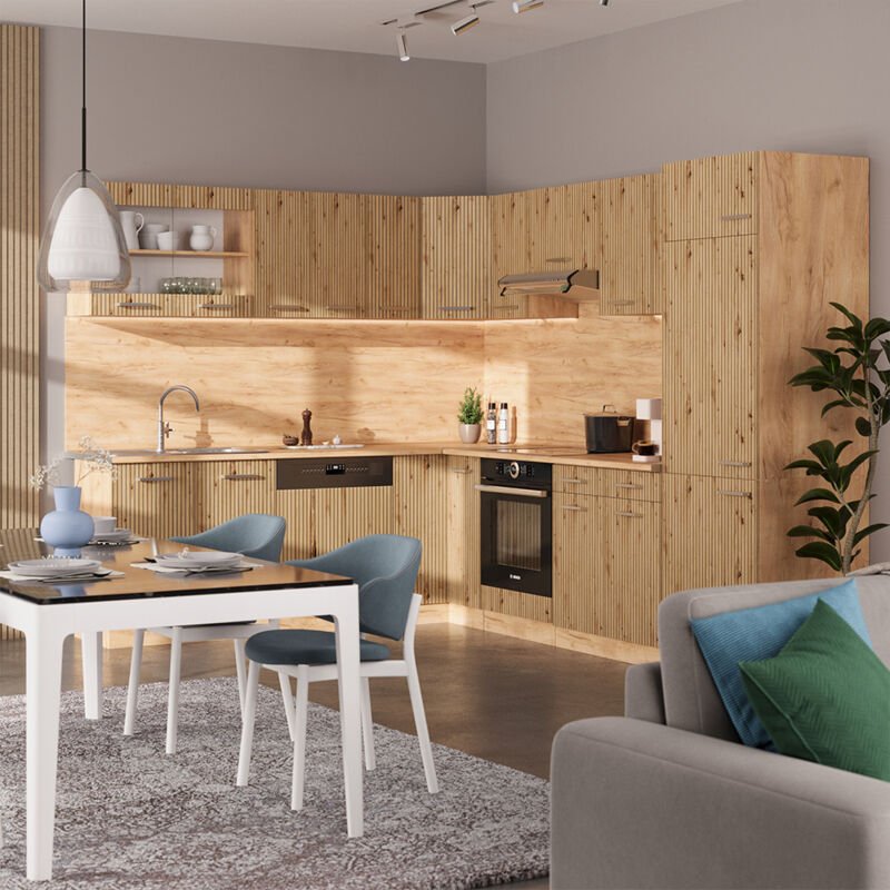 Vicco - Eckküche R-Line, Artisan-Eiche/Goldkraft Eiche, 227 x 287 cm , ap Marmor