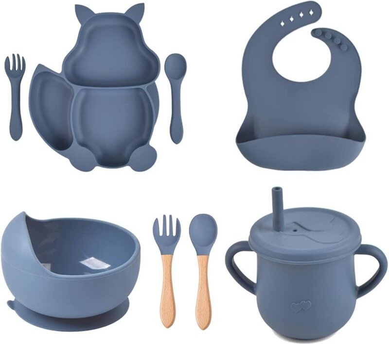 Coffret Repas Baby,Set mit 8 Silikon-Assiette-Bébé-Sets mit Ventouse-Bol-Tasse, Cuillère Fourchette Bavoir Couvert Enfan...