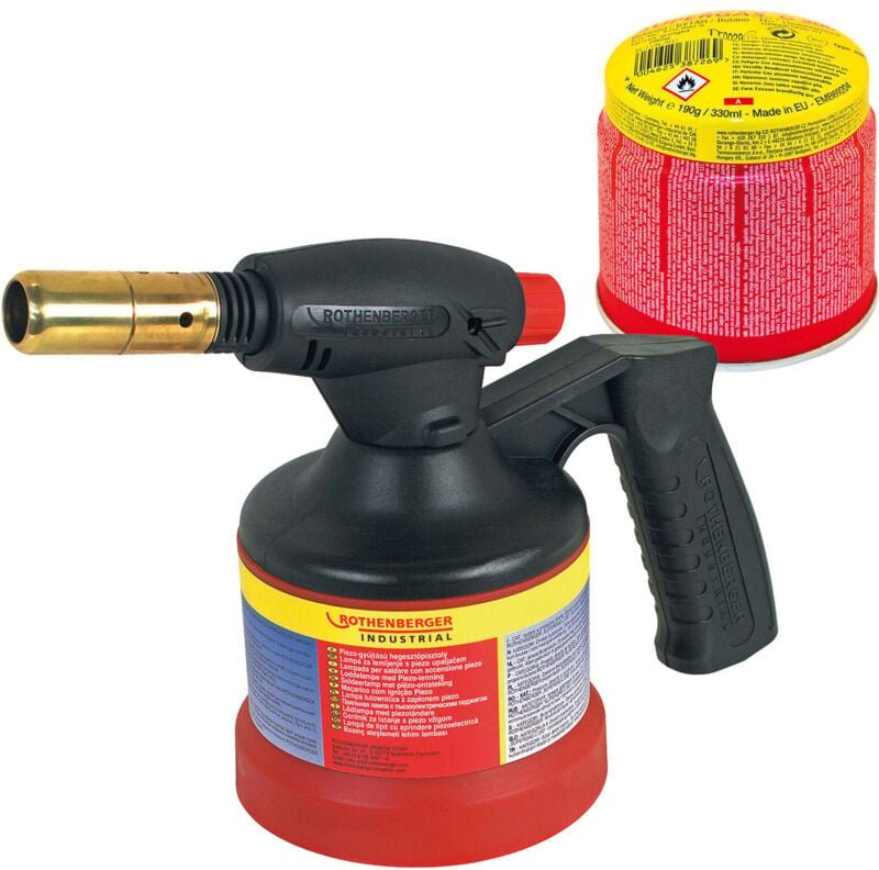 RoFlame Premium Lötlampe mit Piezo-Zündung 1.800 °c inkl. 1x C200 Kartusche 330 ml mit ill System - 1500004631 - Rothenb...