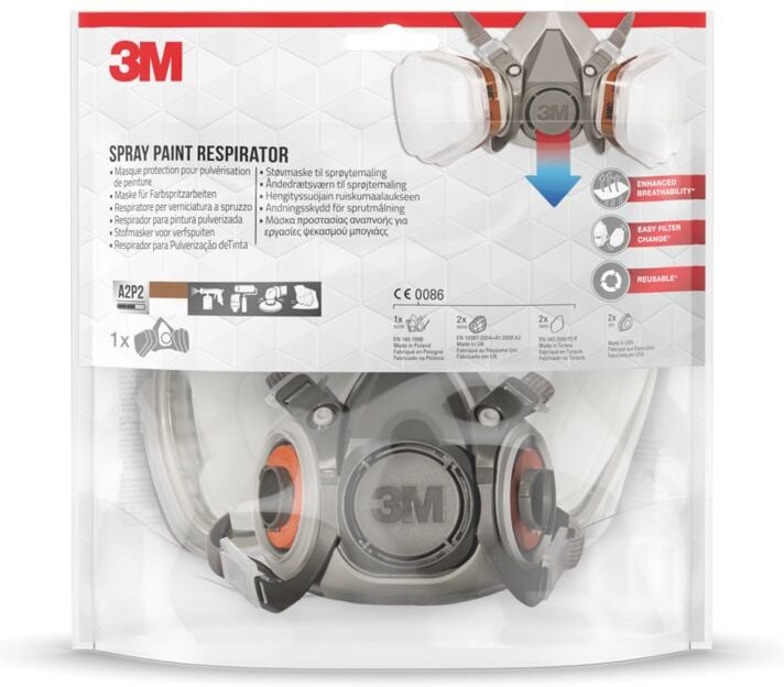 3M - 6002 C1 Wiederverwendbare Halbmaske für Malerei mit Doppelfilter, Atemschutz, Gesichtsgewicht 82 gr, Grau