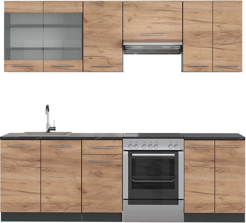 Vicco - Küchenzeile Fame-Line, Goldkraft Eiche/Anthrazit, 240 cm ohne Arbeitsplatte